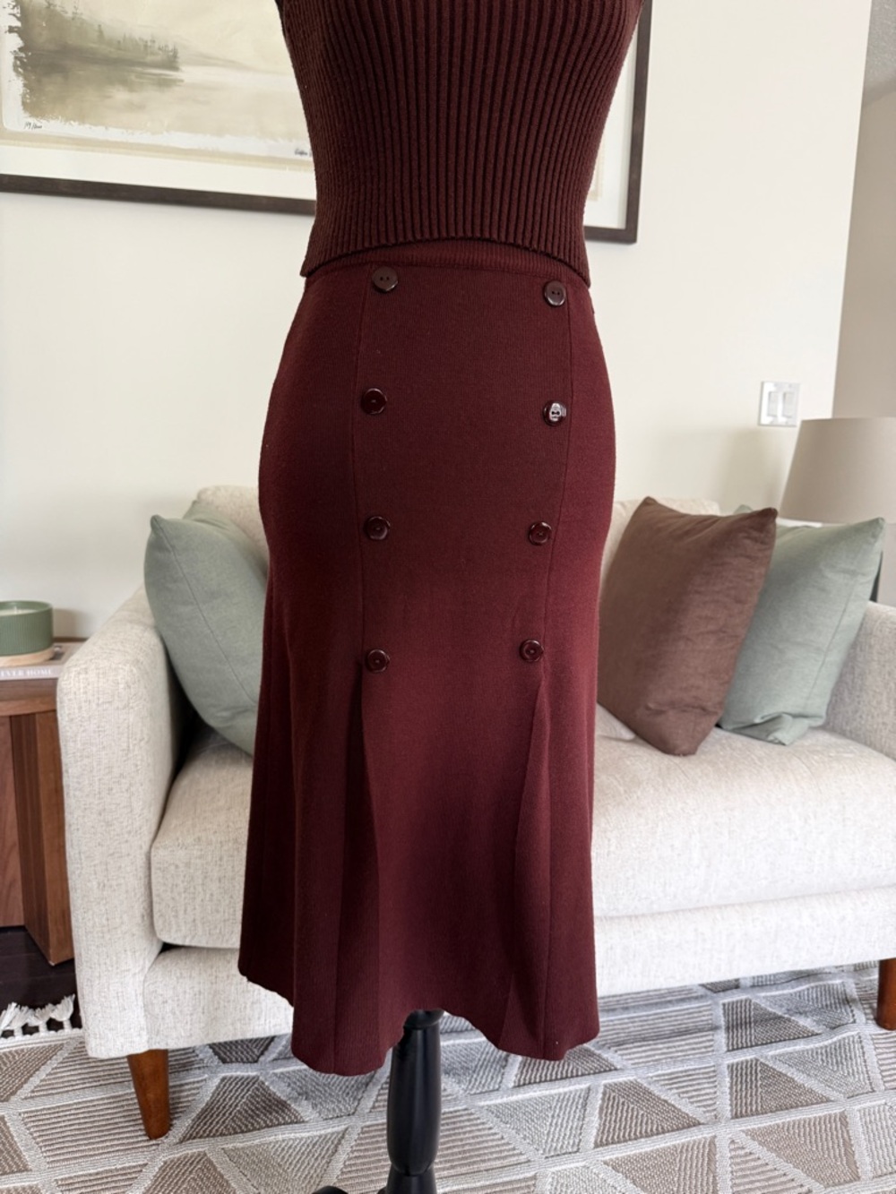 Tailored Double-Button Midi Skirt in Deep Brown
